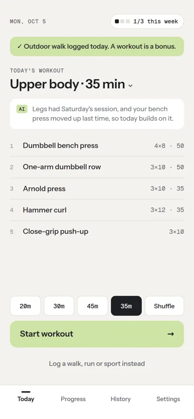 Today screen with a ready-to-start upper body workout